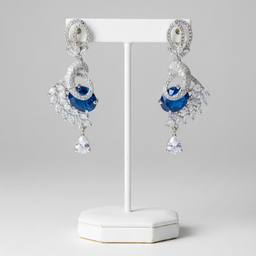 Luxury Silver-Finish Crystal Drop Earrings with Green & Blue Stone Variants