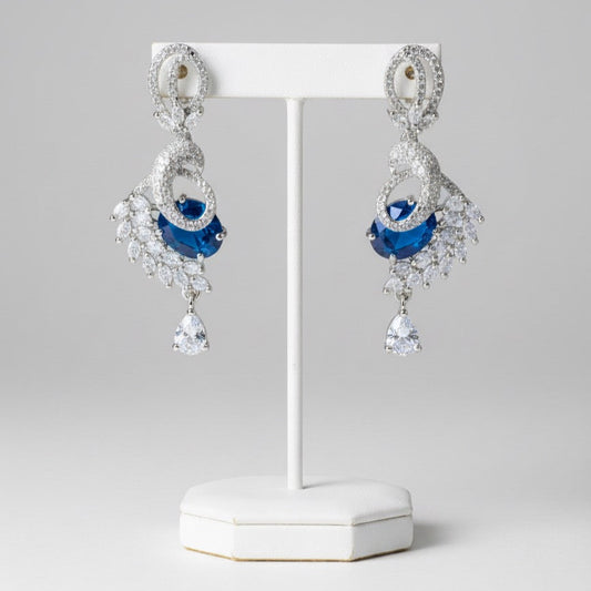 Luxury Silver-Finish Crystal Drop Earrings with Green & Blue Stone Variants