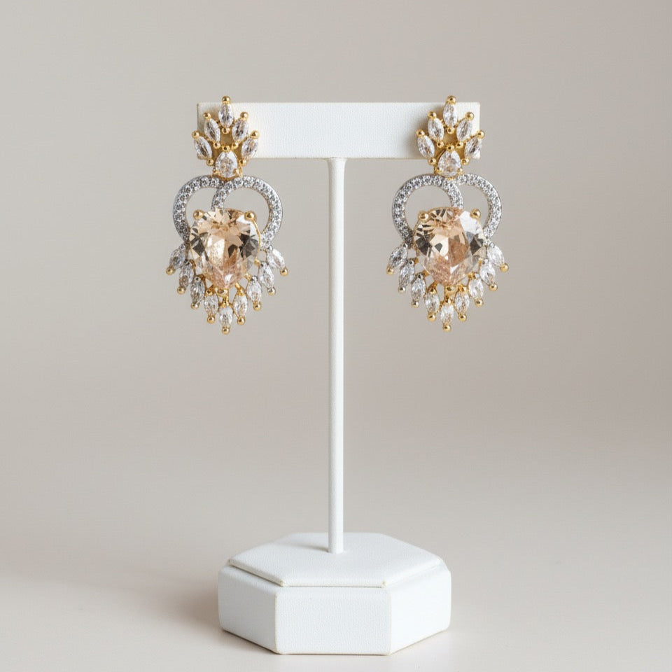 Luxury Alloy Statement Earrings – Heart Cut Centerpiece with Cubic Zirconia Halo, Dual Tone Finish