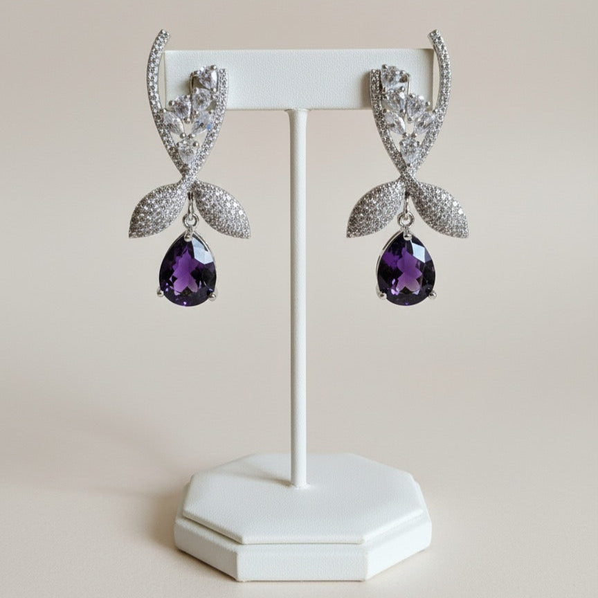 Luxury Alloy Drop Earrings – Teardrop Cut Stones with Cubic Zirconia Leaf Design