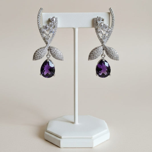 Luxury Alloy Drop Earrings – Teardrop Cut Stones with Cubic Zirconia Leaf Design