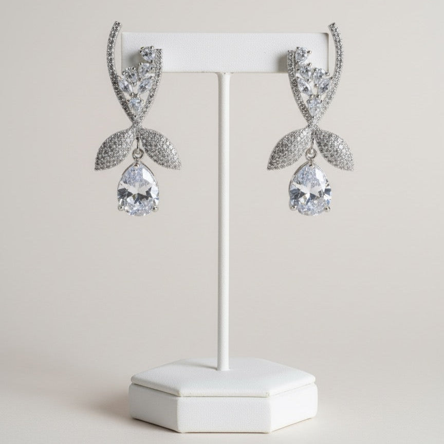 Luxury Alloy Drop Earrings – Teardrop Cut Stones with Cubic Zirconia Leaf Design
