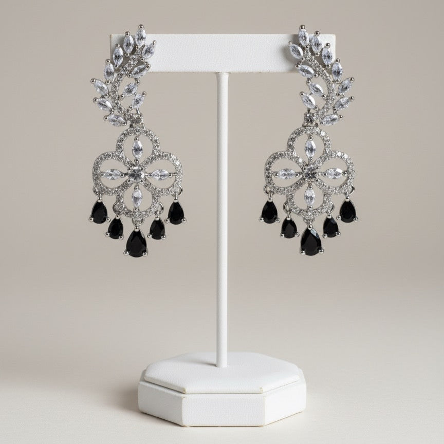 Luxury Alloy Chandelier Earrings – Black Teardrop Accents with Cubic Zirconia Floral Design