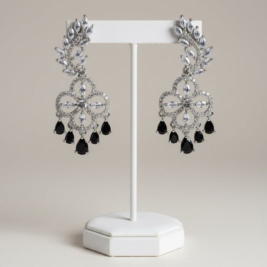 Luxury Alloy Chandelier Earrings – Black Teardrop Accents with Cubic Zirconia Floral Design