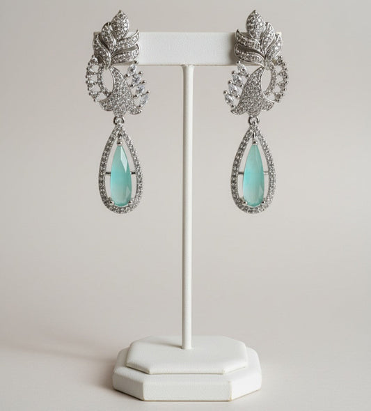 Luxury Alloy Drop Earrings – Mint Green Teardrop Stone with Cubic Zirconia Leaf Design