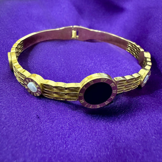 Stainless Steel Black Enamel Roman Numeral Bracelet – Gold Finish