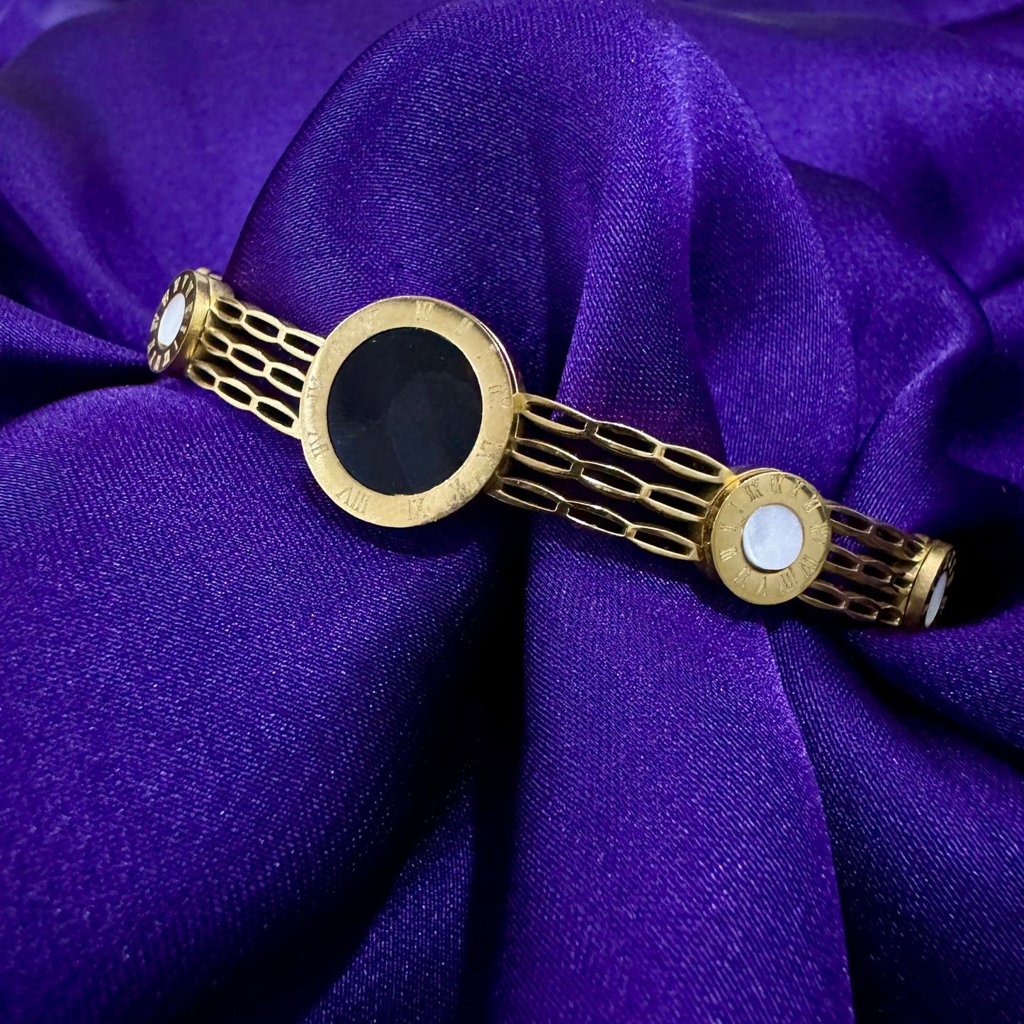Stainless Steel Black Enamel Roman Numeral Bracelet – Gold Finish