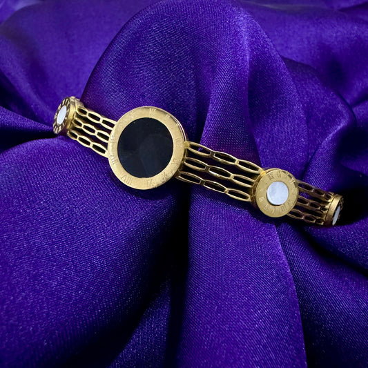 Stainless Steel Black Enamel Roman Numeral Bracelet – Gold Finish