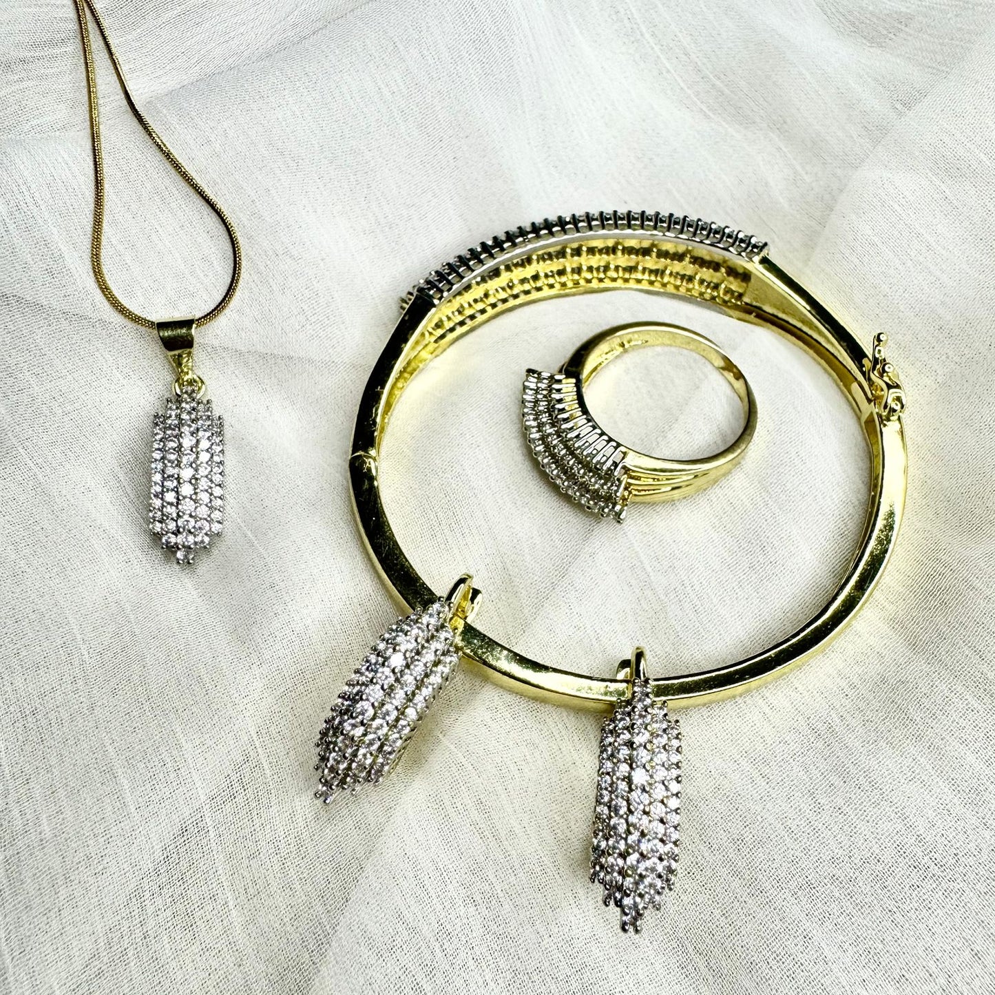 Luxury Gold Plated Cubic Zirconia Jewelry Set – Necklace, Bracelet, Earrings & Ring | Elegant Statement Set