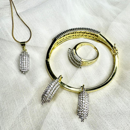 Luxury Gold Plated Cubic Zirconia Jewelry Set – Necklace, Bracelet, Earrings & Ring | Elegant Statement Set