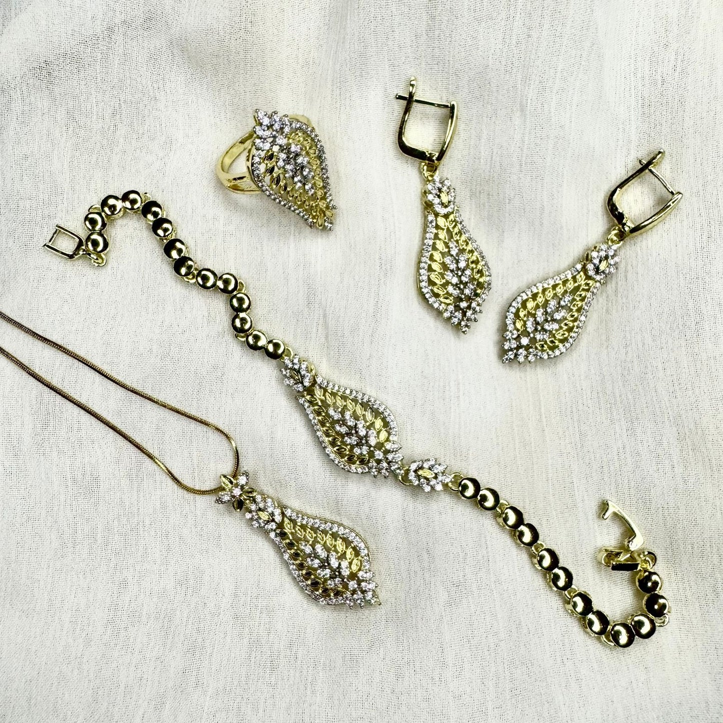 Luxury Gold Finish Cubic Zirconia Jewelry Set – Necklace, Bracelet, Earrings & Ring | Timeless Elegant Statement Set