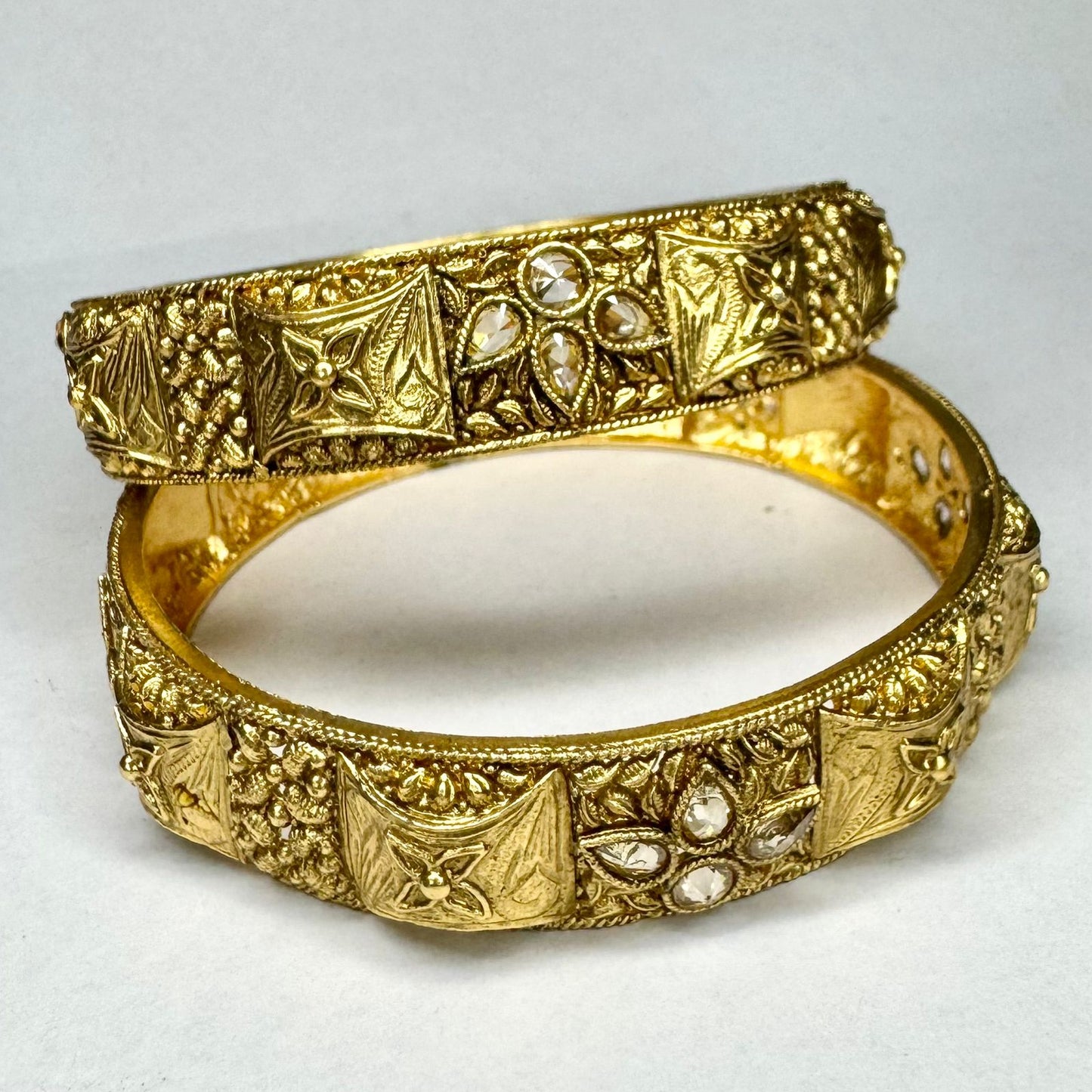 Antique Gold Finish Kada Bangles – Handcrafted Traditional Design with Stone Detailing (Pair)