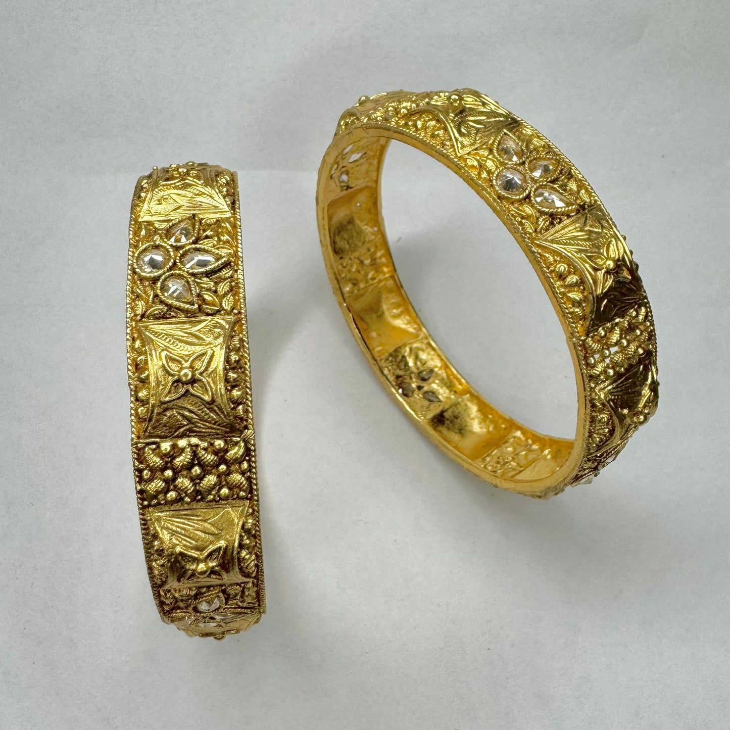 Antique Gold Finish Kada Bangles – Handcrafted Traditional Design with Stone Detailing (Pair)