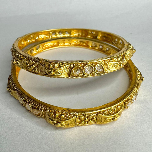 Gold Finish Traditional Bangles with Stone Detailing – Antique Style | Elegant Pair