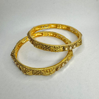 Gold Finish Traditional Bangles with Stone Detailing – Antique Style | Elegant Pair
