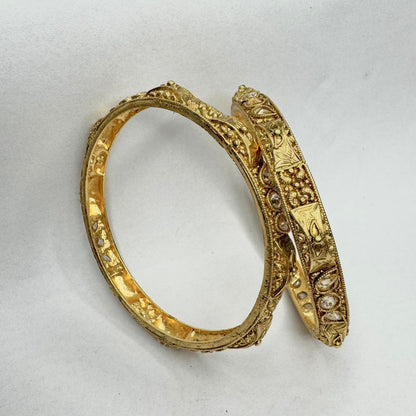 Gold Finish Traditional Bangles with Stone Detailing – Antique Style | Elegant Pair