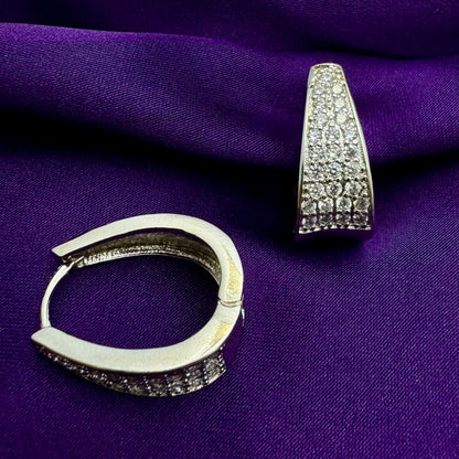 Rhodium Plated Pave Crystal Huggie Hoop Earrings | Tapered Contemporary Design | Premium Diamond-Look Finish