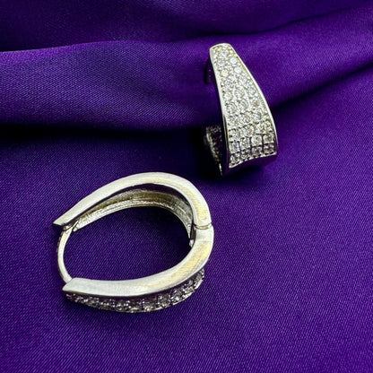 Rhodium Plated Pave Crystal Huggie Hoop Earrings | Tapered Contemporary Design | Premium Diamond-Look Finish