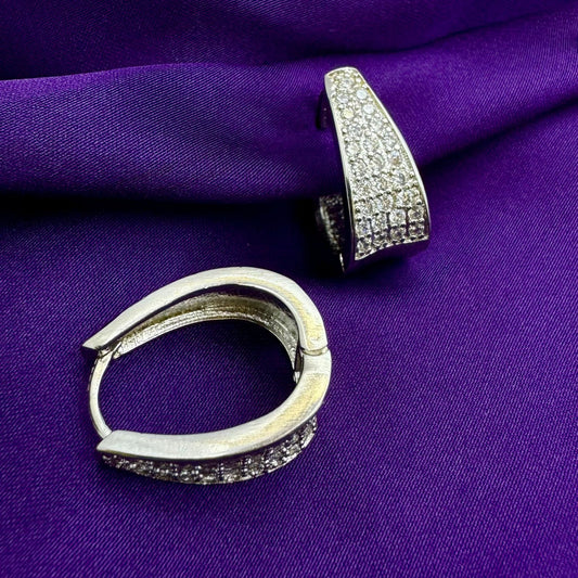 Rhodium Plated Pave Crystal Huggie Hoop Earrings | Tapered Contemporary Design | Premium Diamond-Look Finish