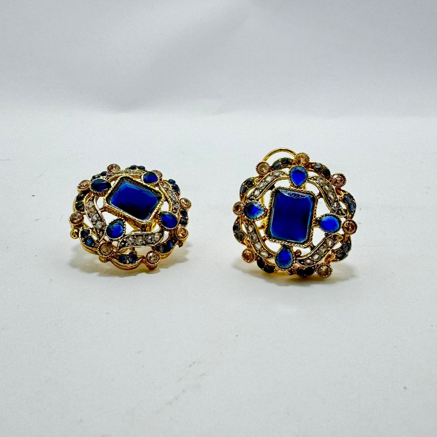 Gold Plated Royal Blue Stone Stud Earrings | Antique Kundan/Polki Style | Victorian/Mughal Inspired Design | Statement Ear Cuffs