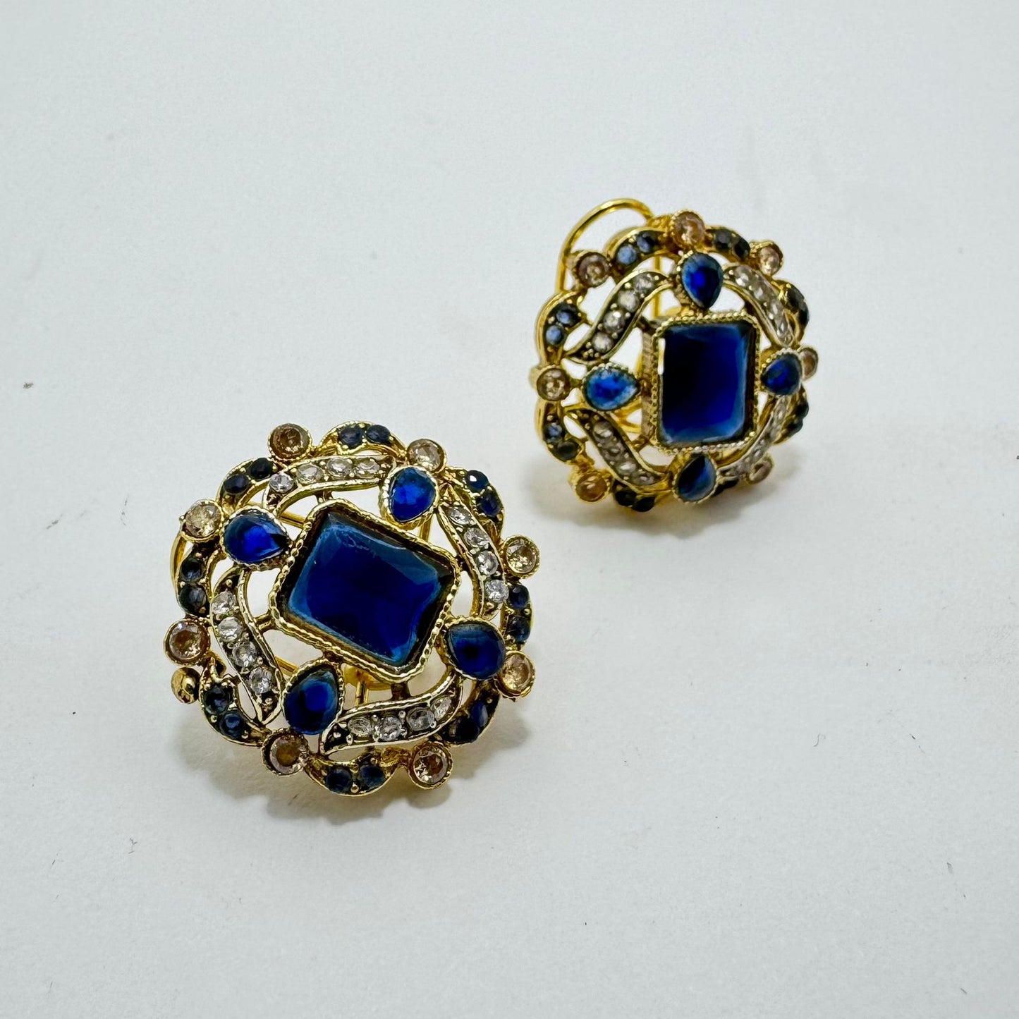 Gold Plated Royal Blue Stone Stud Earrings | Antique Kundan/Polki Style | Victorian/Mughal Inspired Design | Statement Ear Cuffs