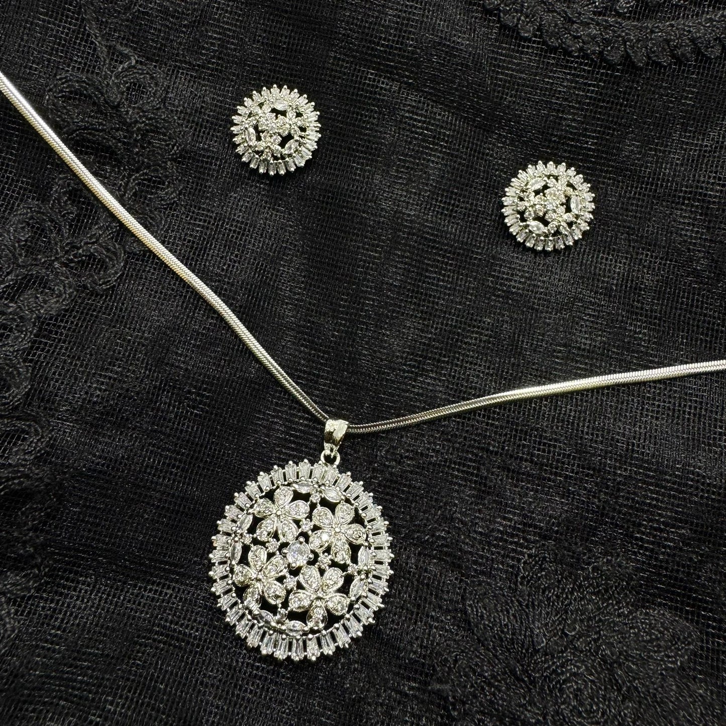 Rhodium Plated Floral Pendant Necklace & Stud Set | Brilliant Cubic Zirconia Crystal Finish | Round Flower Cluster Design | Elegant Daily Wear