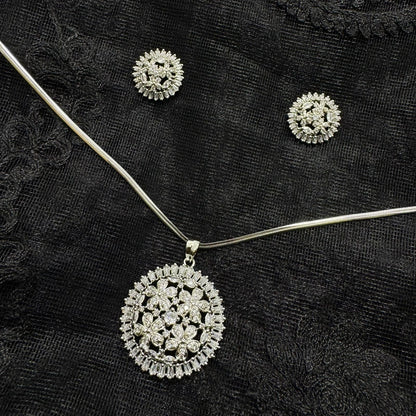 Rhodium Plated Floral Pendant Necklace & Stud Set | Brilliant Cubic Zirconia Crystal Finish | Round Flower Cluster Design | Elegant Daily Wear
