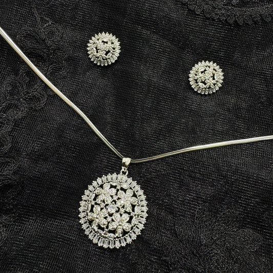 Rhodium Plated Floral Pendant Necklace & Stud Set | Brilliant Cubic Zirconia Crystal Finish | Round Flower Cluster Design | Elegant Daily Wear