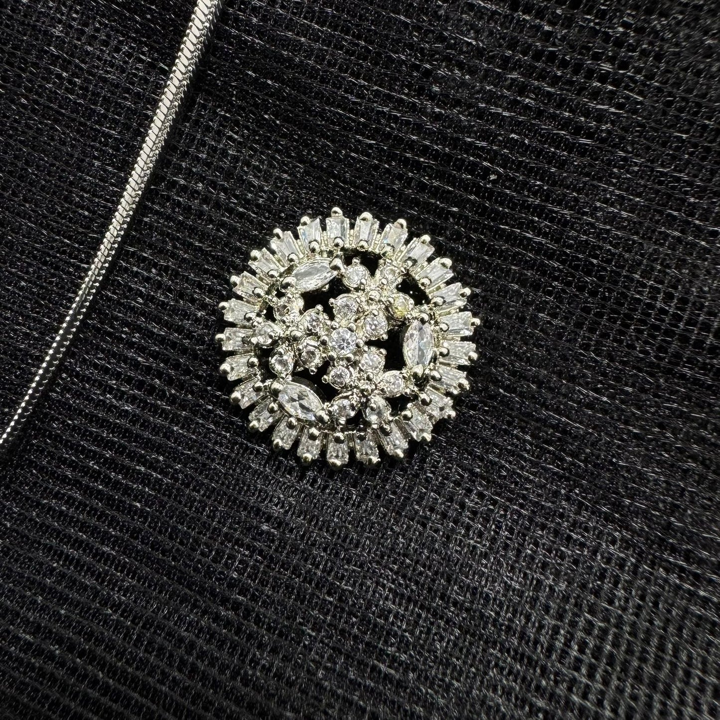 Rhodium Plated Floral Pendant Necklace & Stud Set | Brilliant Cubic Zirconia Crystal Finish | Round Flower Cluster Design | Elegant Daily Wear