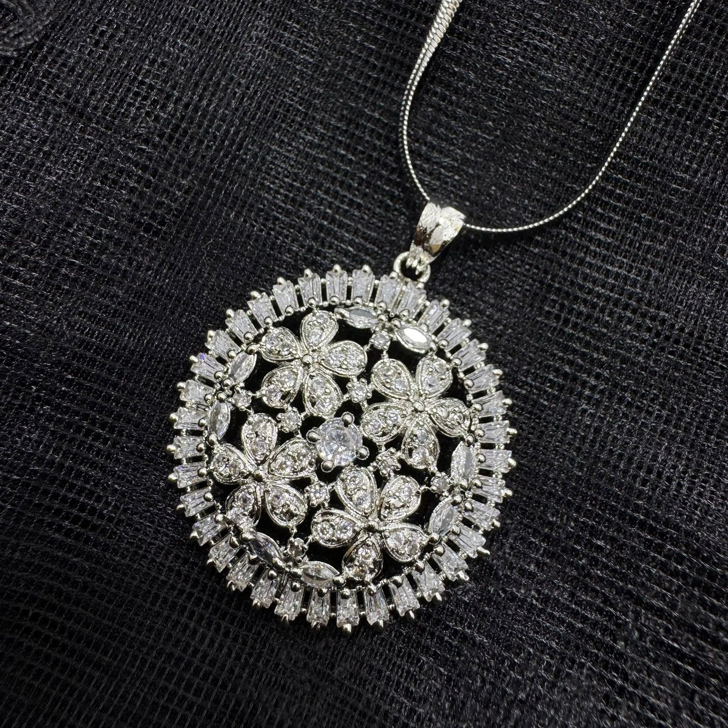 Rhodium Plated Floral Pendant Necklace & Stud Set | Brilliant Cubic Zirconia Crystal Finish | Round Flower Cluster Design | Elegant Daily Wear