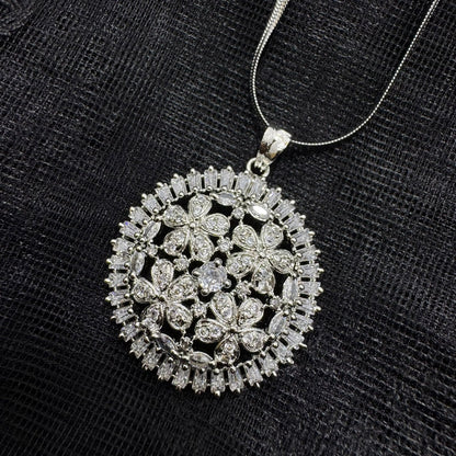 Rhodium Plated Floral Pendant Necklace & Stud Set | Brilliant Cubic Zirconia Crystal Finish | Round Flower Cluster Design | Elegant Daily Wear