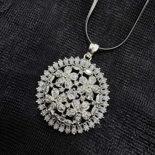 Rhodium Plated Floral Pendant Necklace & Stud Set | Brilliant Cubic Zirconia Crystal Finish | Round Flower Cluster Design | Elegant Daily Wear