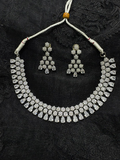 Rhodium Plated (925 Silver) Teardrop CZ Choker Necklace Set | Brilliant American Diamond Finish | Adjustable Party Wear Style | Pear Cut Crystal Jewelry