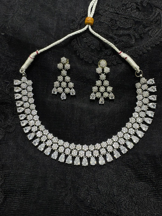 Rhodium Plated (925 Silver) Teardrop CZ Choker Necklace Set | Brilliant American Diamond Finish | Adjustable Party Wear Style | Pear Cut Crystal Jewelry