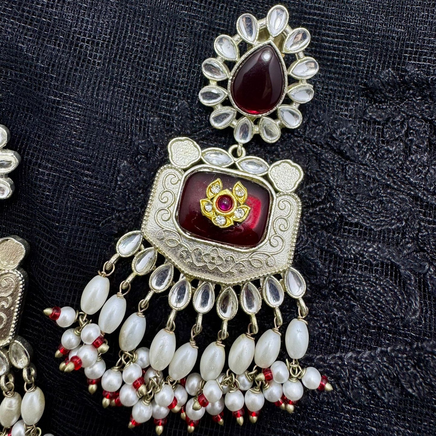 Oxidized Silver Polki & Cat-Eye Stone Chandelier Earrings | Pearl Cluster Drops & Red Accent | Premium Traditional Indian Jhumki Style