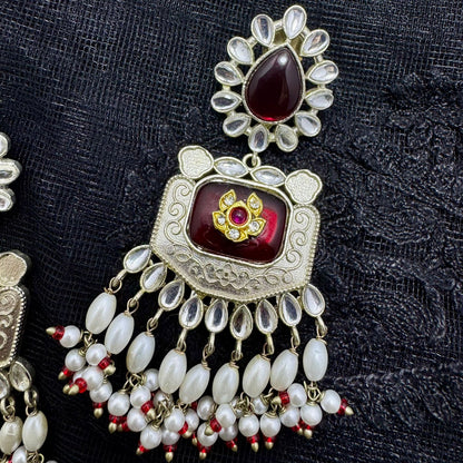 Oxidized Silver Polki & Cat-Eye Stone Chandelier Earrings | Pearl Cluster Drops & Red Accent | Premium Traditional Indian Jhumki Style
