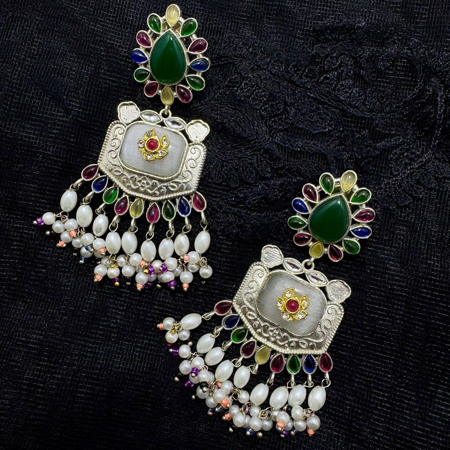 Oxidized Silver Polki & Cat-Eye Stone Chandelier Earrings | Pearl Cluster Drops & Red Accent | Premium Traditional Indian Jhumki Style