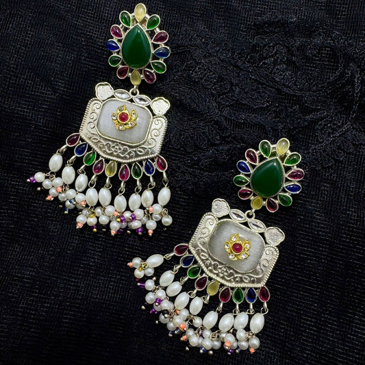 Oxidized Silver Polki & Cat-Eye Stone Chandelier Earrings | Pearl Cluster Drops & Red Accent | Premium Traditional Indian Jhumki Style