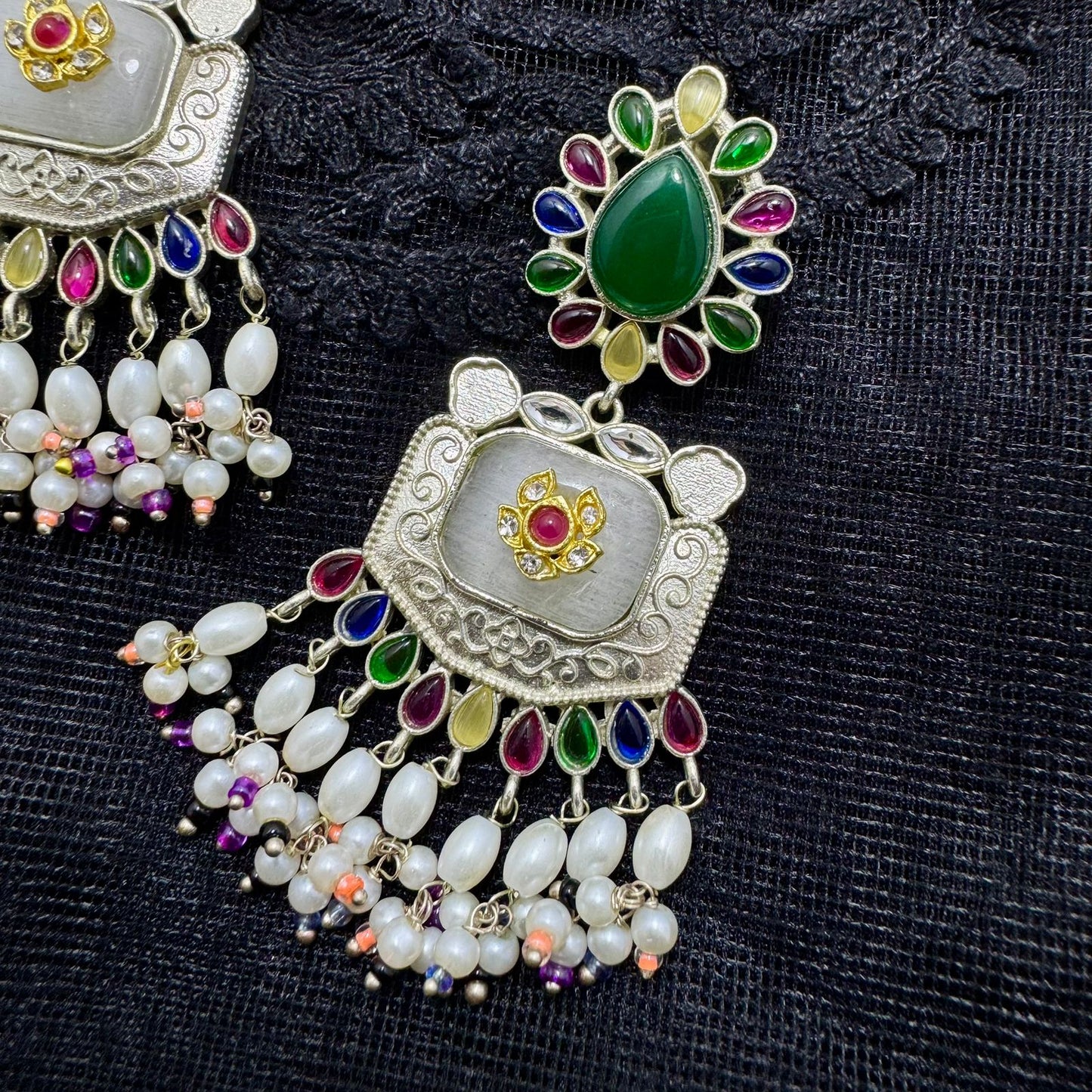 Oxidized Silver Polki & Cat-Eye Stone Chandelier Earrings | Pearl Cluster Drops & Red Accent | Premium Traditional Indian Jhumki Style