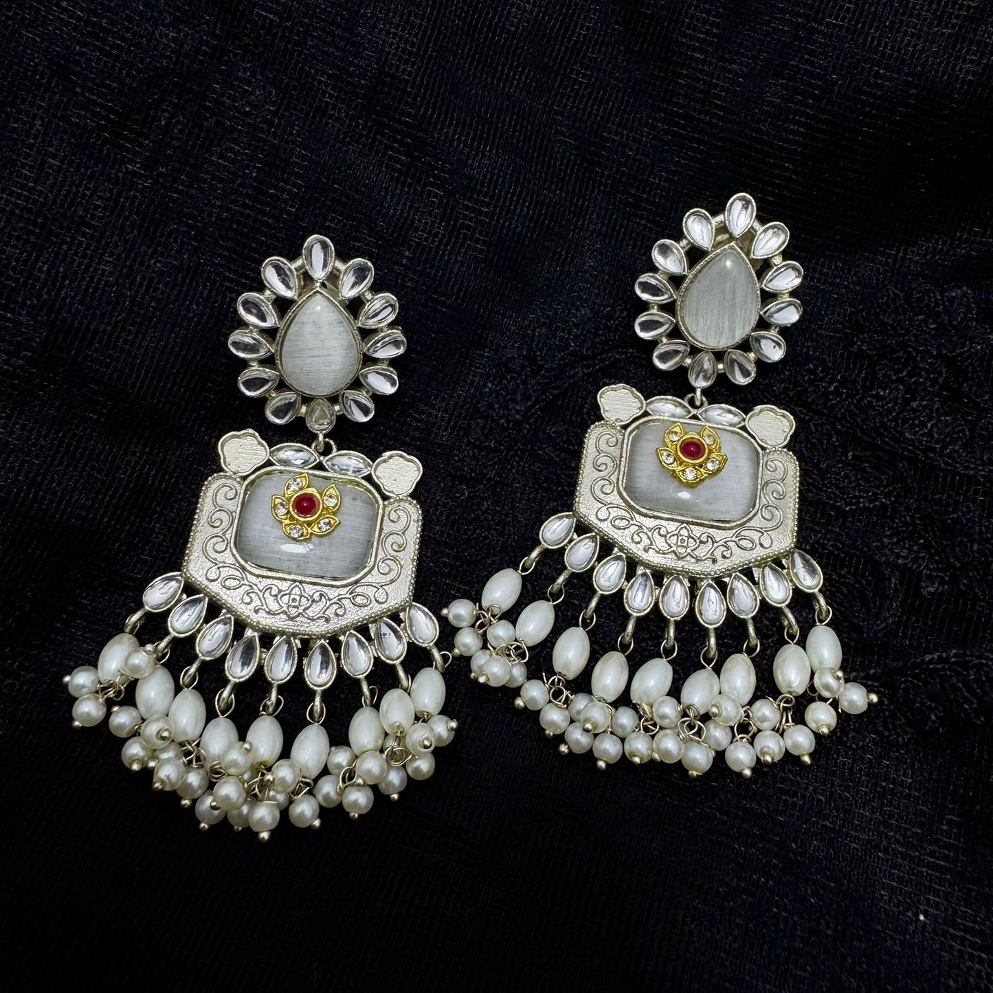 Oxidized Silver Polki & Cat-Eye Stone Chandelier Earrings | Pearl Cluster Drops & Red Accent | Premium Traditional Indian Jhumki Style
