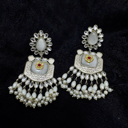 Oxidized Silver Polki & Cat-Eye Stone Chandelier Earrings | Pearl Cluster Drops & Red Accent | Premium Traditional Indian Jhumki Style