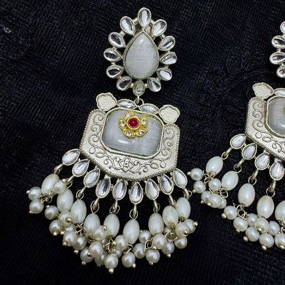 Oxidized Silver Polki & Cat-Eye Stone Chandelier Earrings | Pearl Cluster Drops & Red Accent | Premium Traditional Indian Jhumki Style