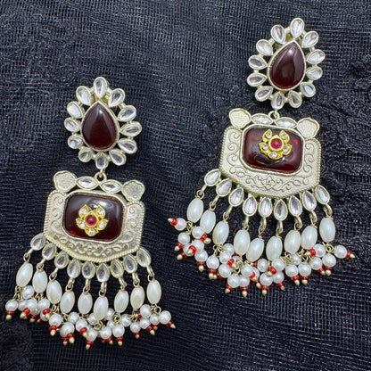 Oxidized Silver Polki & Cat-Eye Stone Chandelier Earrings | Pearl Cluster Drops & Red Accent | Premium Traditional Indian Jhumki Style