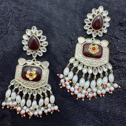 Oxidized Silver Polki & Cat-Eye Stone Chandelier Earrings | Pearl Cluster Drops & Red Accent | Premium Traditional Indian Jhumki Style