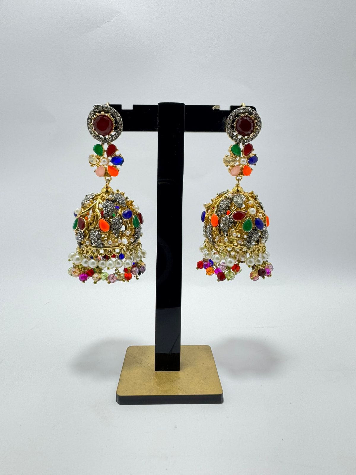 Multicolor Polki Stone & Pearl Jhumka Earrings | Dual-Tone Gold & Oxidized Finish | Long Traditional Indian Chandbali Style | Festive Statement Size