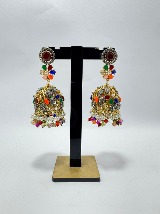 Multicolor Polki Stone & Pearl Jhumka Earrings | Dual-Tone Gold & Oxidized Finish | Long Traditional Indian Chandbali Style | Festive Statement Size
