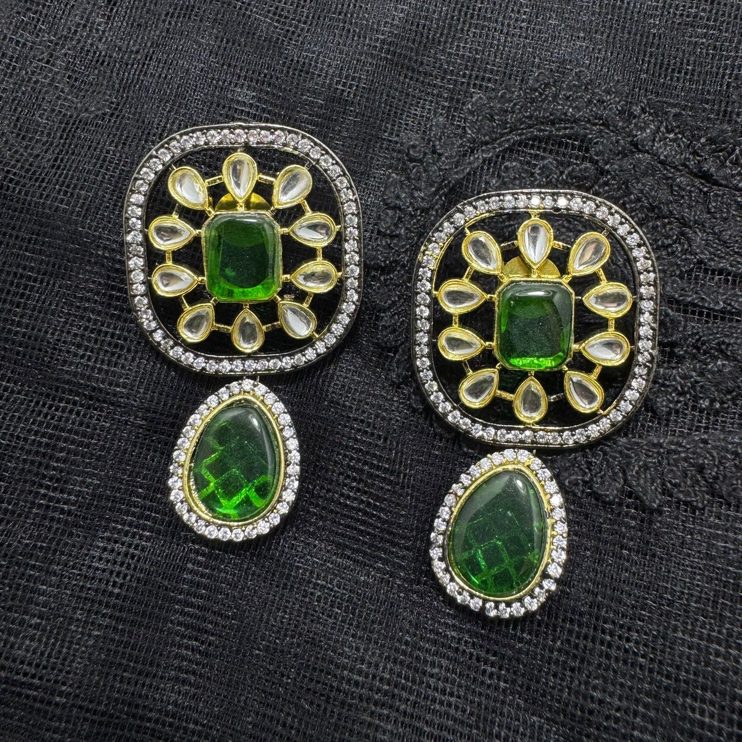 Polki Kundan Convertible Earrings | Dual Tone Black & Gold Finish | Detachable Square Stud & Teardrop Dangler | Traditional Statement Jewelry