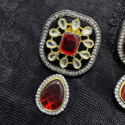 Polki Kundan Convertible Earrings | Dual Tone Black & Gold Finish | Detachable Square Stud & Teardrop Dangler | Traditional Statement Jewelry