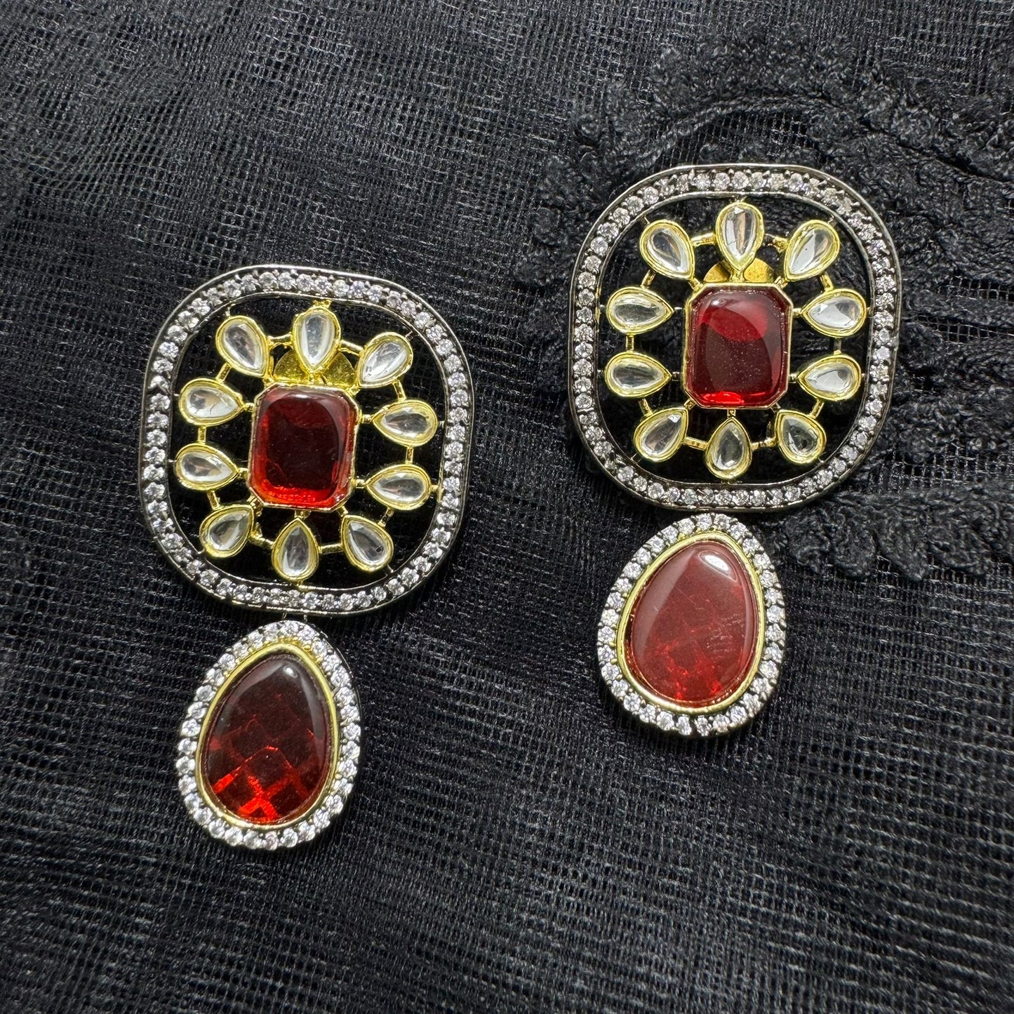 Polki Kundan Convertible Earrings | Dual Tone Black & Gold Finish | Detachable Square Stud & Teardrop Dangler | Traditional Statement Jewelry