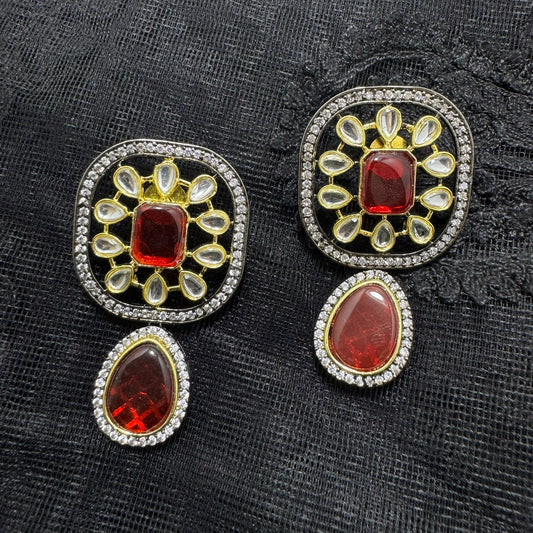 Polki Kundan Convertible Earrings | Dual Tone Black & Gold Finish | Detachable Square Stud & Teardrop Dangler | Traditional Statement Jewelry
